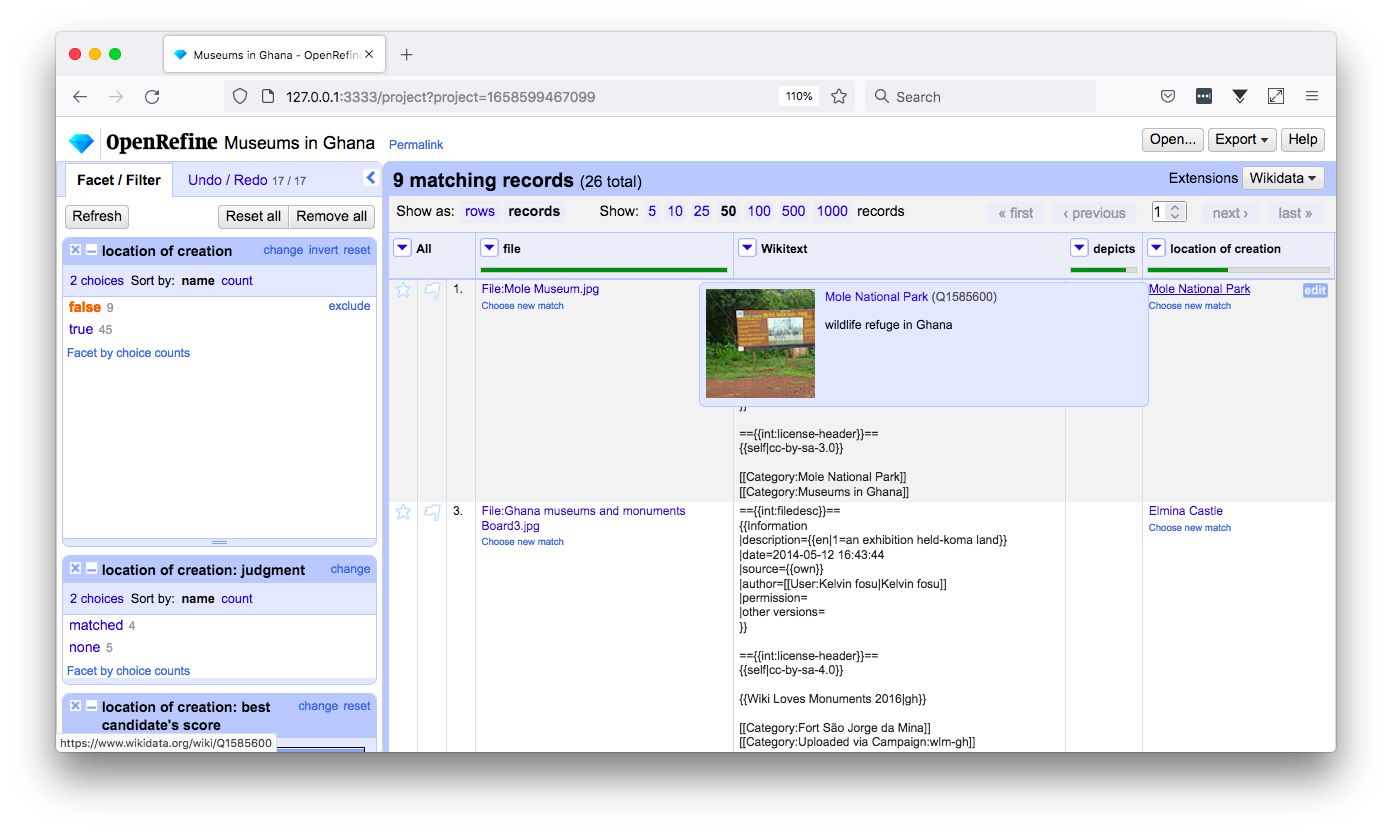 Screenshot of an OpenRefine project